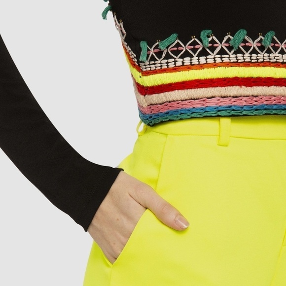 Alice & Olivia-Black Longsleeve Delania Crop Top w/ Neon Multicolor Embroidery - Picture 5 of 12